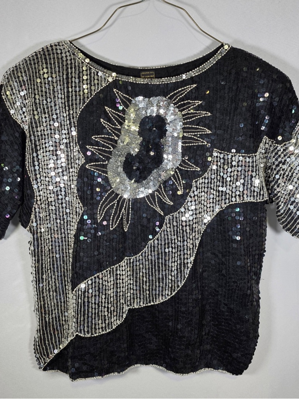 Black Sequin Embellished Short Sleeve Blouse Size Large 100% Silk